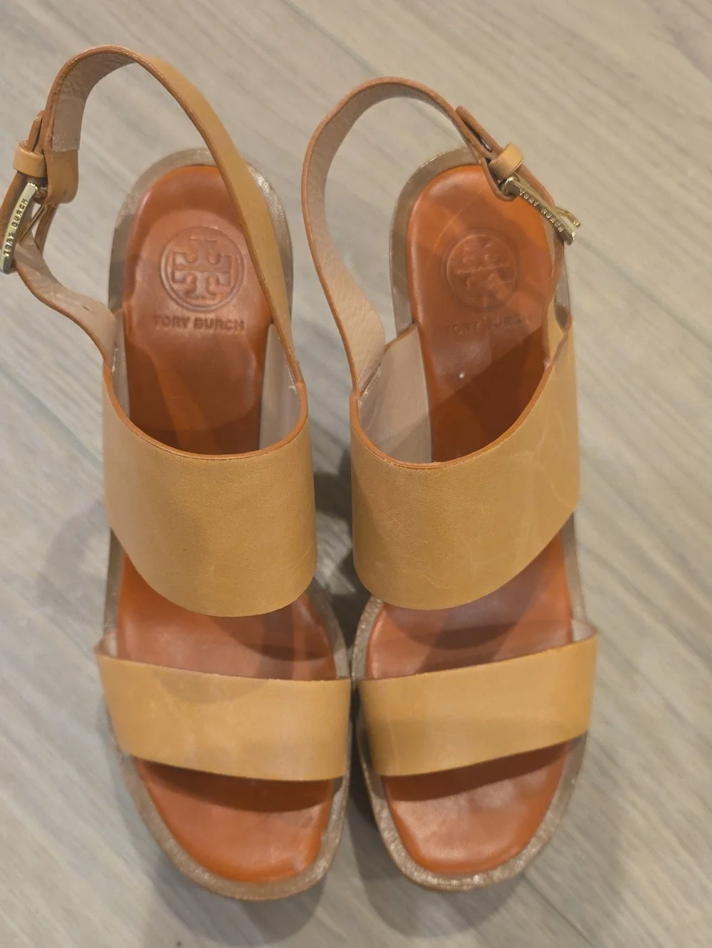 Tory Burch Tan Leather Wedge Slingback Sandals